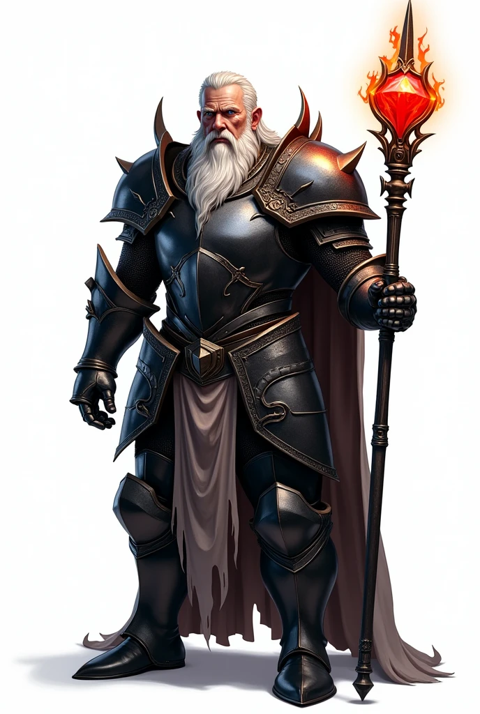 Char set, sprite, knight in black metal armor. blue colored eyes, Caucasian skin, white hair and beard, high qualiy, white background , naughty man, aged 50 ,big fit ass, Front side and back, whole body, staff with red fire gem long metal handle