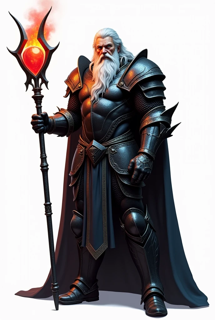 Char set, sprite, knight in black metal armor. blue colored eyes, Caucasian skin, white hair and beard, high qualiy, white background , naughty man, aged 50 ,big fit ass, Front side and back, whole body, staff with red fire gem long metal handle