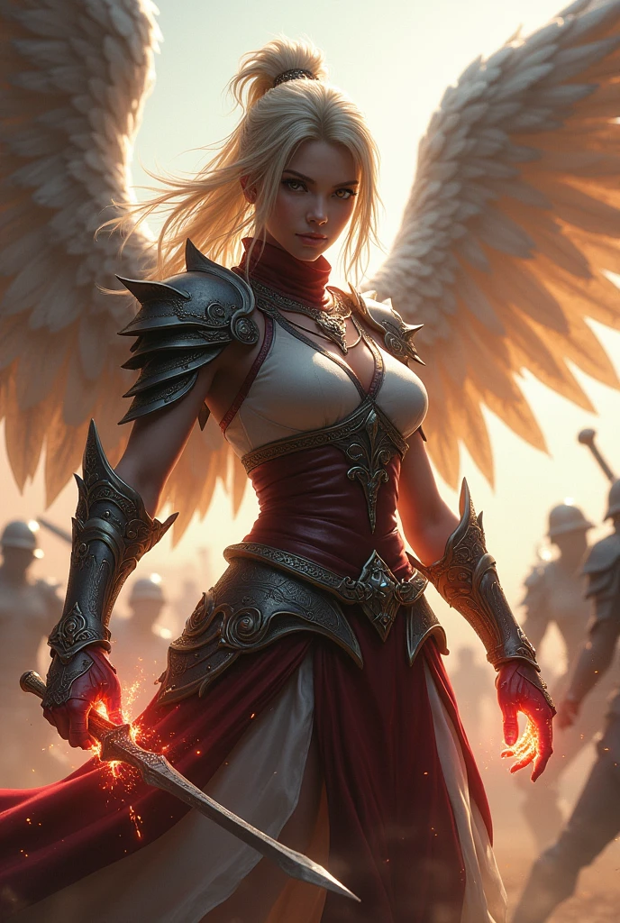 Female Kamael with wings and hair from Lineage 2 in battle