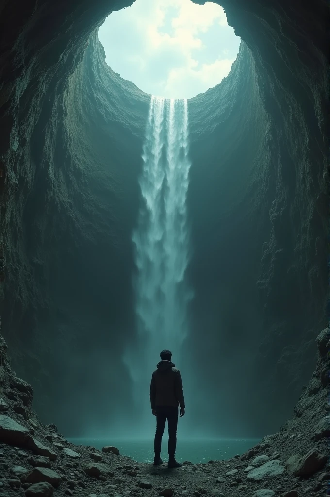 Generate the image of a strong young white man who is trapped in an empty well, long,tenebrosa, old and very deep, he is standing looking up where he sees the exit and the silhouette of a man looking back
