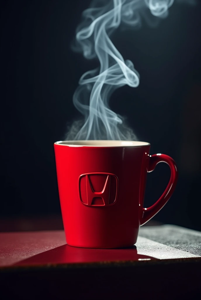 portrait artistic photo of a very fashionist red coffe cup , heat smoke on it , add honda logo , night view profesional photo