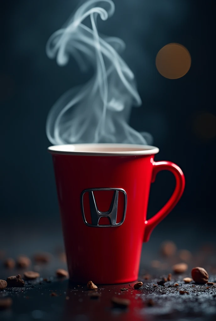 portrait artistic photo of a very fashionist red coffe  cup , heat smoke on it , add honda logo , night view profesional photo
