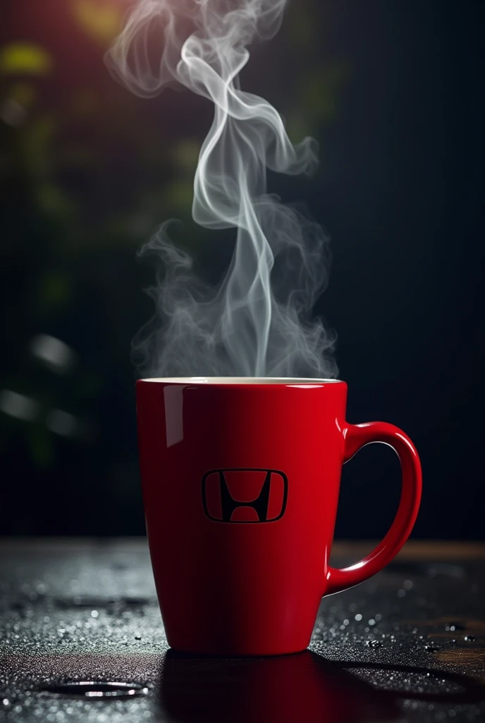 portrait artistic photo of a very fashionist red coffe  cup , heat smoke on it , add honda logo , night view profesional photo