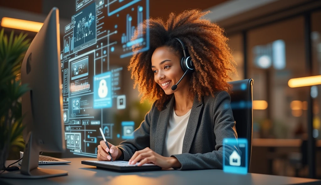 Create an image of a young woman resembling Andy Allo, working as a customer service representative in a futuristic setting. She has medium-length, curly hair with a golden brown hue and a warm skin tone. She is wearing a casual yet professional outfit, like a fitted jacket over a simple blouse. The setting around her is a high-tech office space with holographic screens and digital interfaces floating around her. She is seated at a sleek desk with a headset on, and her expression is focused yet approachable, capturing the charm and elegance similar to Andy Allo. The background features large windows showing a cityscape with tall buildings and a bright, clear sky.
