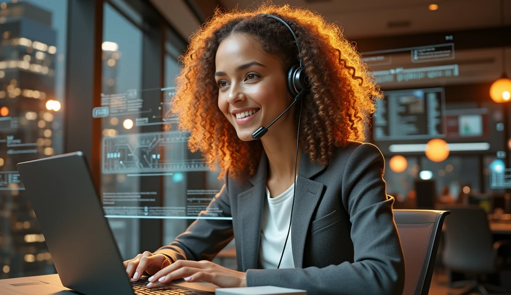 Create an image of a young woman resembling Andy Allo, working as a customer service representative in a futuristic setting. She has medium-length, curly hair with a golden brown hue and a warm skin tone. She is wearing a casual yet professional outfit, like a fitted jacket over a simple blouse. The setting around her is a high-tech office space with holographic screens and digital interfaces floating around her. She is seated at a sleek desk with a headset on, and her expression is focused yet approachable, capturing the charm and elegance similar to Andy Allo. The background features large windows showing a cityscape with tall buildings and a bright, clear sky.