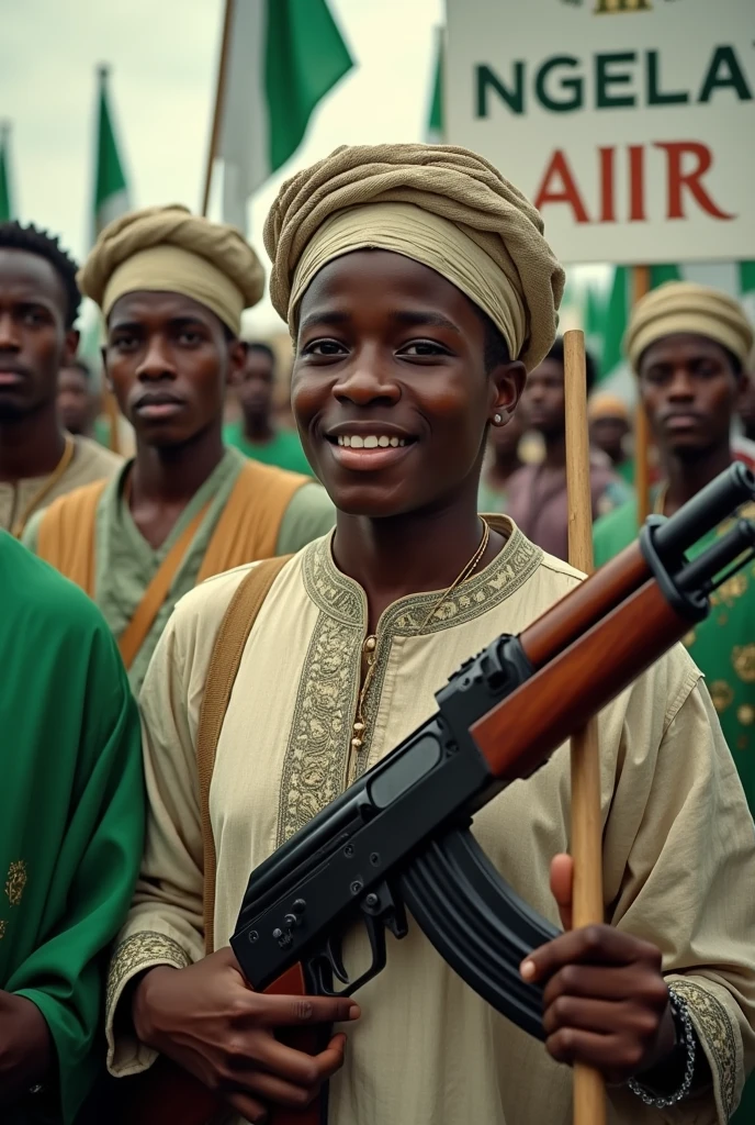 Young Nigerians holding banners wrote Matasan Arewa Lokacin Korafe-Korafe Ya Ƙare Lokaci Ne Fuskantar Matsalar Mu with AK 47 dress in Hausa traditional cloth