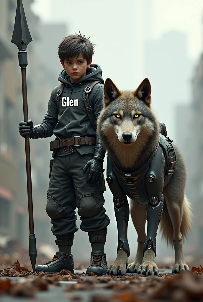 Generate a boy with her friend wolf cybord body With clear and not hidden print "GLEN".
Like from war
Weapon: spear 
make more realistic 
