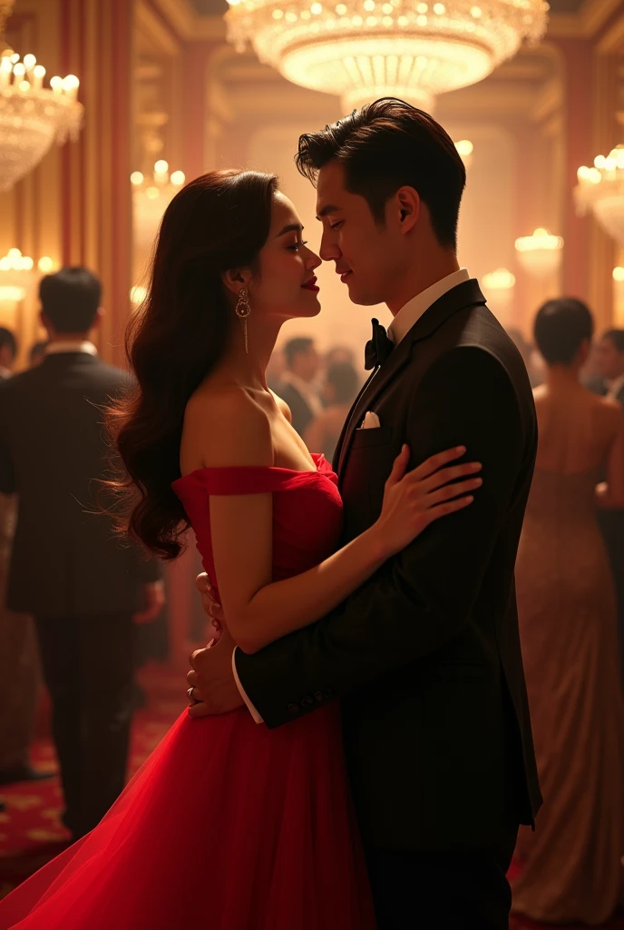 Beautiful woman in red dress at party with handsome korean boy