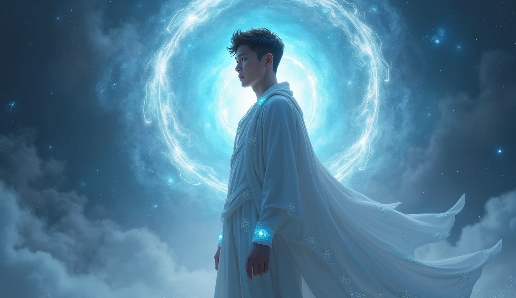 Young male figure shown from the waist up with light blue eyes, wearing flowing robes with subtle, glowing symbols or patterns, set against a cosmic, ethereal background featuring a glowing energy vortex or portal in space. The color scheme should be primarily light blue, white, and black. The male figure should have a dignified and wise appearance, with an aura of authority and spiritual presence. The overall atmosphere should be mystical and otherworldly, with the figure emanating a powerful, calming energy that suggests a deep connection to the universe.