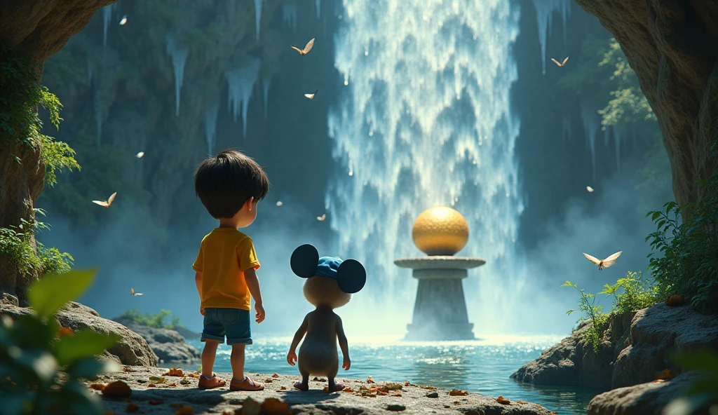 Create an image of Léo((the boy ))and Remy((the mause)), standing in front of a sparkling waterfall with a hidden cave behind it. Léo is still in his yellow shirt and blue shorts, and Remy is wearing his signature blue hat. Inside the cave, a golden light reveals the magical nut resting on a high stone pedestal