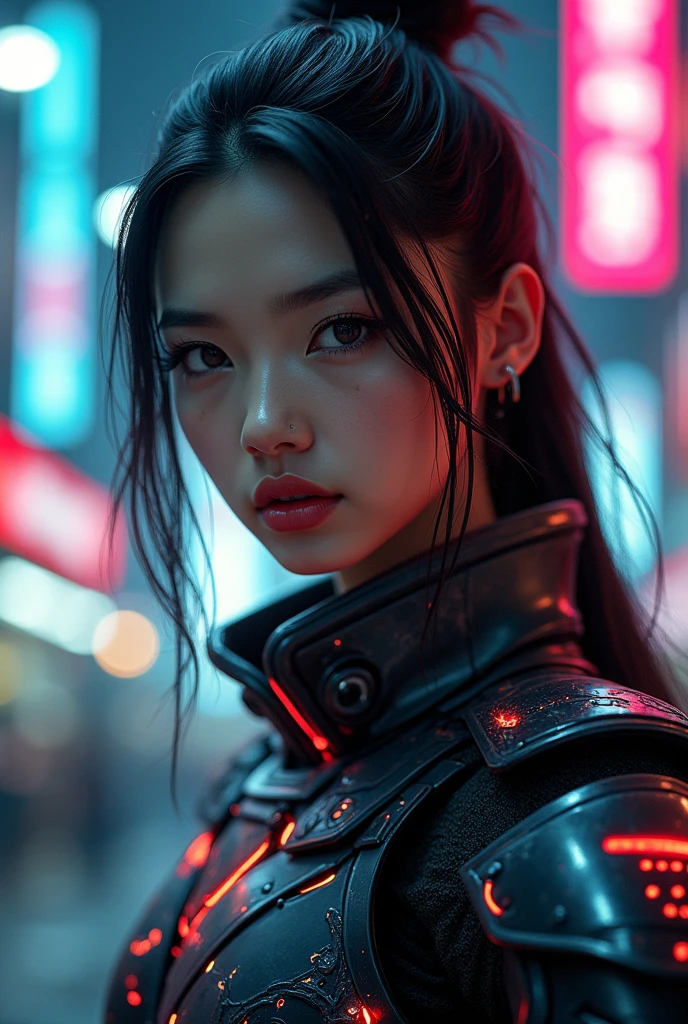 Close-up of a person in a sword costume、screenshot、Cyberpunk art、Lü Ji、Cyber Japan Armor、Cyber Japan Samurai Armor、Cyber Japan style armor、Cyberpunk Anime Girl、Very beautiful cyberpunk samurai