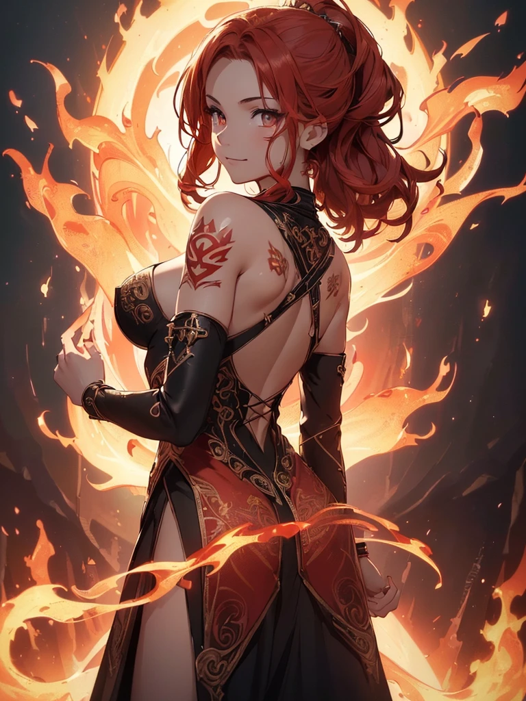 (((best quality, sharp image, clear image, cinematic lighting, 8k resolution, masterpiece, ultra detailed, intricate))) Girl, ((shot from behind)), ((close up)), look at viewer, fire mage, ((intricate background)), ((chaotic background)), red hair, smiling, ((flame runes, flame sigils)), (tatoo on back), slim figure, flying sigils, long dress, cute