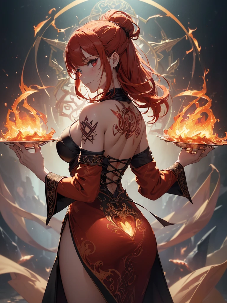(((best quality, sharp image, clear image, cinematic lighting, 8k resolution, masterpiece, ultra detailed, intricate))) Girl, ((shot from behind)), ((close up)), look at viewer, fire mage, ((intricate background)), ((chaotic background)), red hair, smiling, ((flame runes, flame sigils)), (tatoo on back), slim figure, flying sigils, long dress, cute