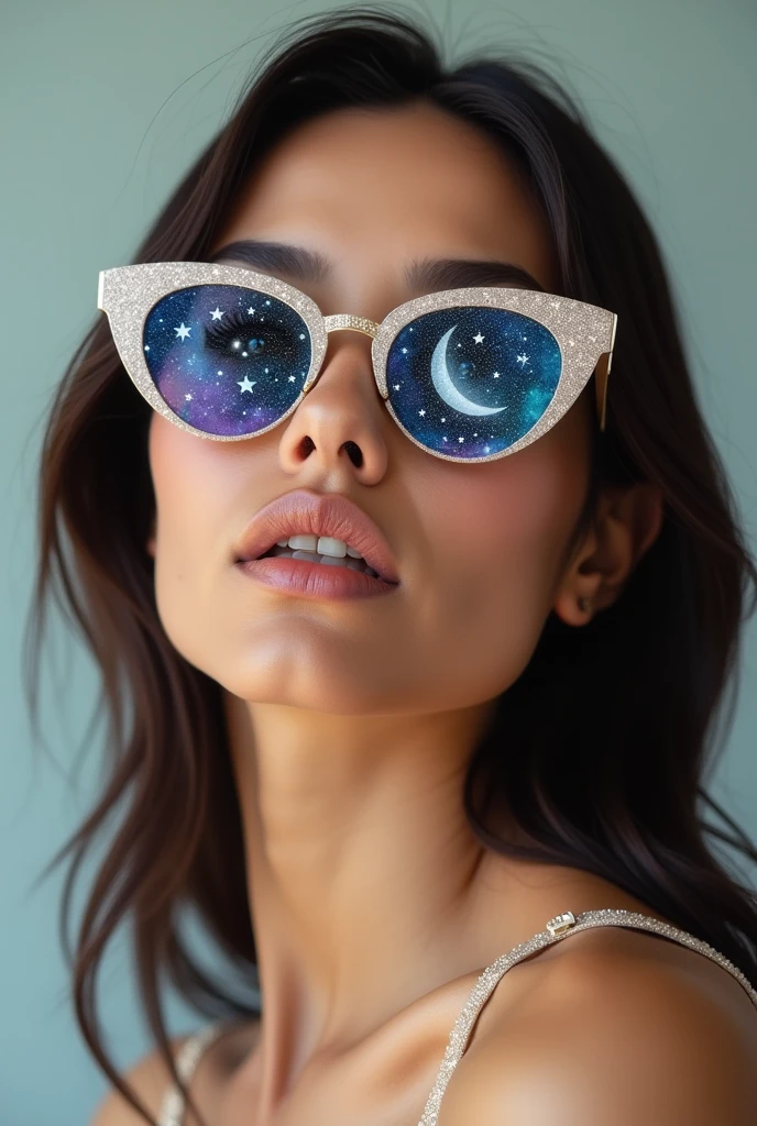 The model is wearing glass sunglasses with stars and the moon on the glass