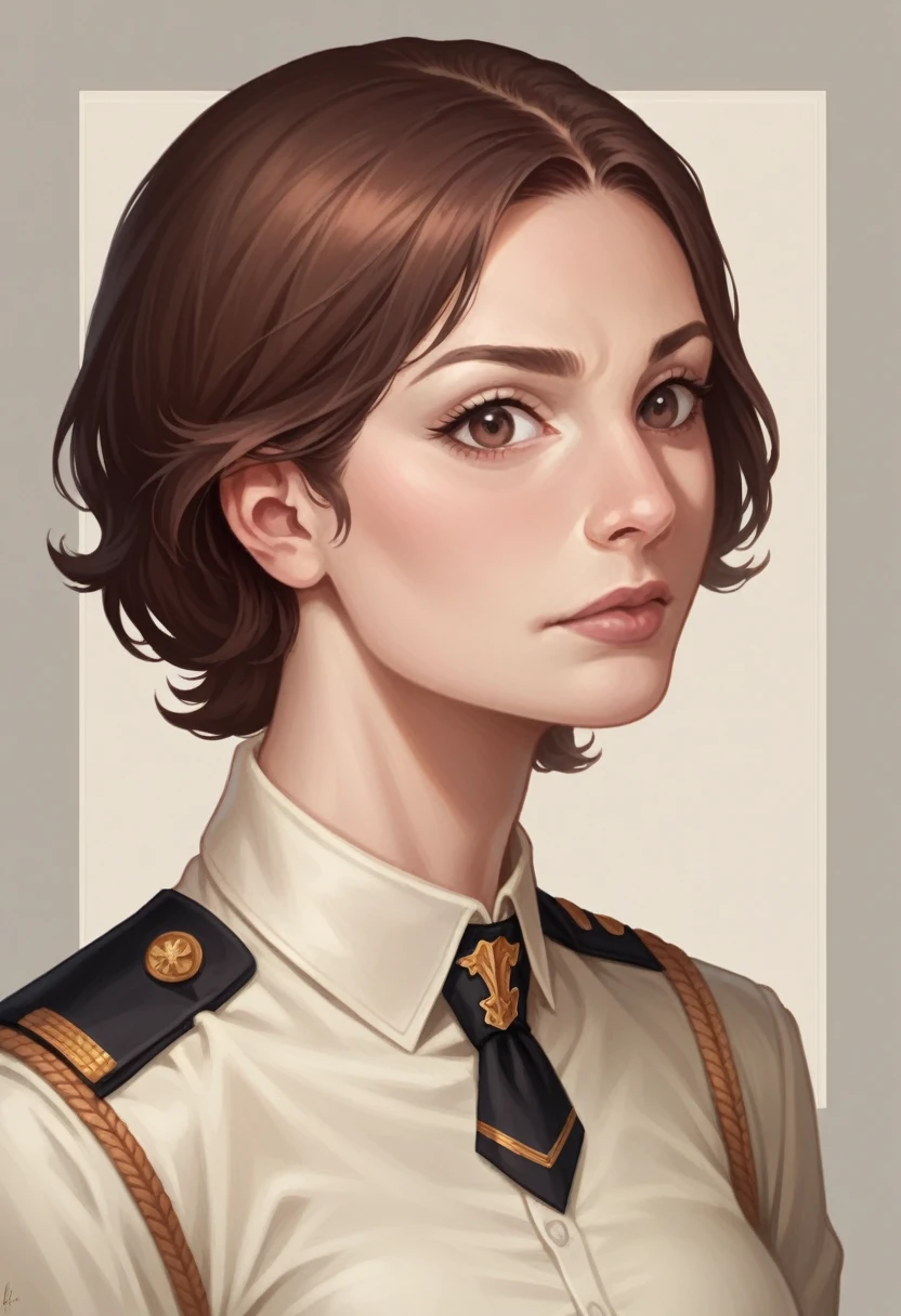 Carolina is of medium height, brown eyes, short brown hair, defined and toned but delicate body, uniform accentuates her slender body, small bust, intricately detailed portrait, high quality digital art, 8k, photorealistic, cinematic lighting, dramatic color palette, fantasy concept art