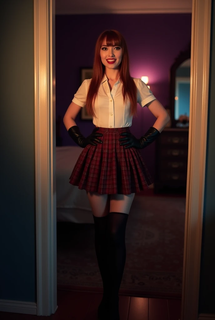 ultra realistic, cinematic photo. (soft skin tones), full body photo of a tall, young woman with long straight auburn hair wuth bangs. glossy red lips. Night time. Standing in doorway leading to a bedroom with dark purple walls. wearing ((shoulder length black latex gloves)), (((white button blouse with short sleeves))), (dark red tartan ruffled skirt), black thigh high stockings, black high heel shoes. Smokey eye shadow and deep red lipstick. Candlelight glow. Detailed hands. Hands on hips. Accurate proportions. mischievious smile. eyes narrowed.