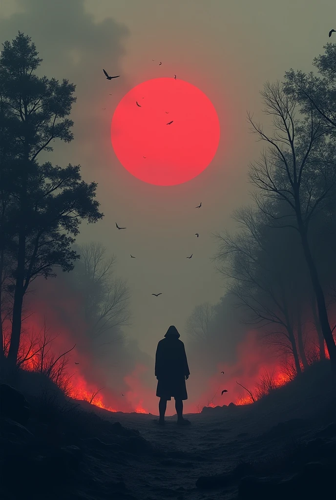 scenario where the sun is red, the sky is gray with pollution and trees are burning