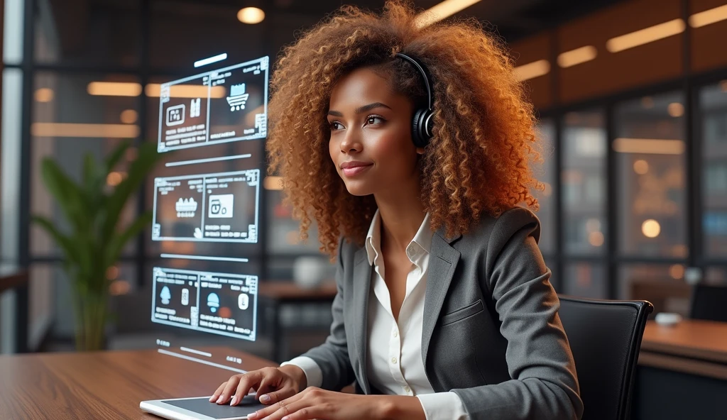 Create an image of a young woman resembling Andy Allo, working as a customer service representative in a futuristic setting. She has medium-length, curly hair with a golden brown hue and a warm skin tone. She is wearing a casual yet professional outfit, like a fitted jacket over a simple blouse. The setting around her is a high-tech office space with holographic screens and digital interfaces floating around her. She is seated at a sleek desk with a headset on, and her expression is focused yet approachable, capturing the charm and elegance similar to Andy Allo. The background features large windows showing a cityscape with tall buildings and a bright, clear sky.