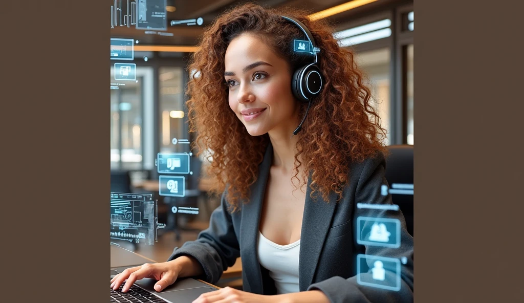Create an image of a young woman resembling Andy Allo, working as a customer service representative in a futuristic setting. She has medium-length, curly hair with a golden brown hue and a warm skin tone. She is wearing a casual yet professional outfit, like a fitted jacket over a simple blouse. The setting around her is a high-tech office space with holographic screens and digital interfaces floating around her. She is seated at a sleek desk with a headset on, and her expression is focused yet approachable, capturing the charm and elegance similar to Andy Allo. The background features large windows showing a cityscape with tall buildings and a bright, clear sky.