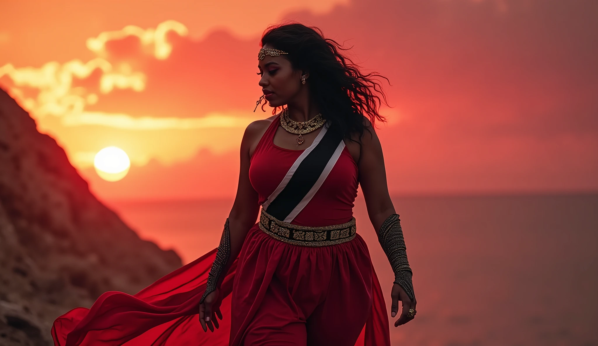 Trinidad and Tobago as a caribbean curvy woman warrior League of Legend creature in red with a black and white single diagonal stripe. Colored background. Intricated clothing. Cinematic Fantasy sci-fi landscape background
