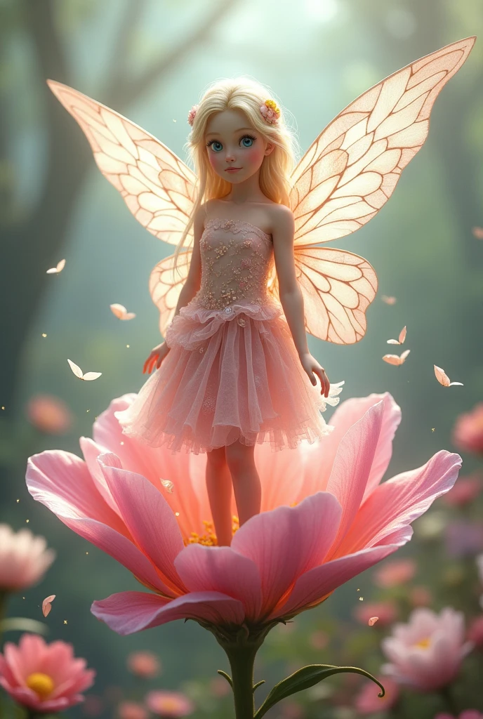 A blonde blue-eyed fairy with a dress made of flowers on top of a pink flower looking at the camera