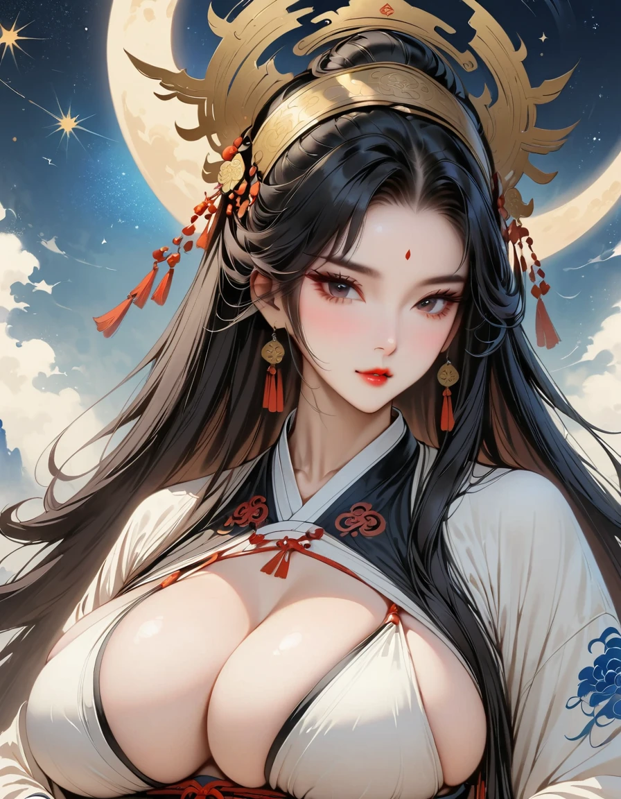 Master works, masterpieces, high quality, extreme detail, classical beauty, ((1 girl,huge oppai,black long hair)), standing, (Hands hidden in sleeves), (wearing loose Taoist robe), ((delicate face)), (best details), ((black eyes)), ((Golden Taoist headdress)), ((long Taoist boots)), sun, moon and stars background, ambitious