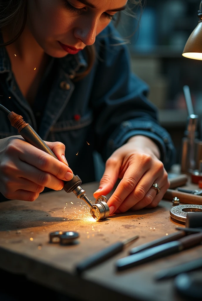 Soldering a ring with a soldering iron on a workbench 