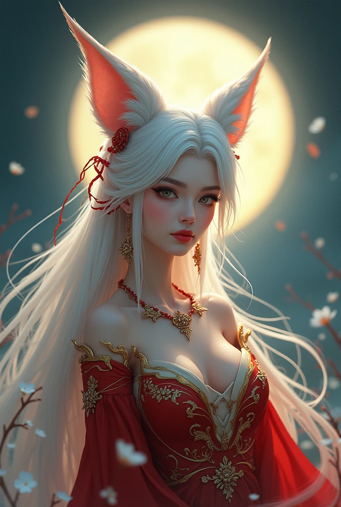 Woman, white hair, red lips , gorgeous, Chinese ancient red and gold garment, fox ears, moonlight, Chinese 2d animation,ultra high resolution, 8k,