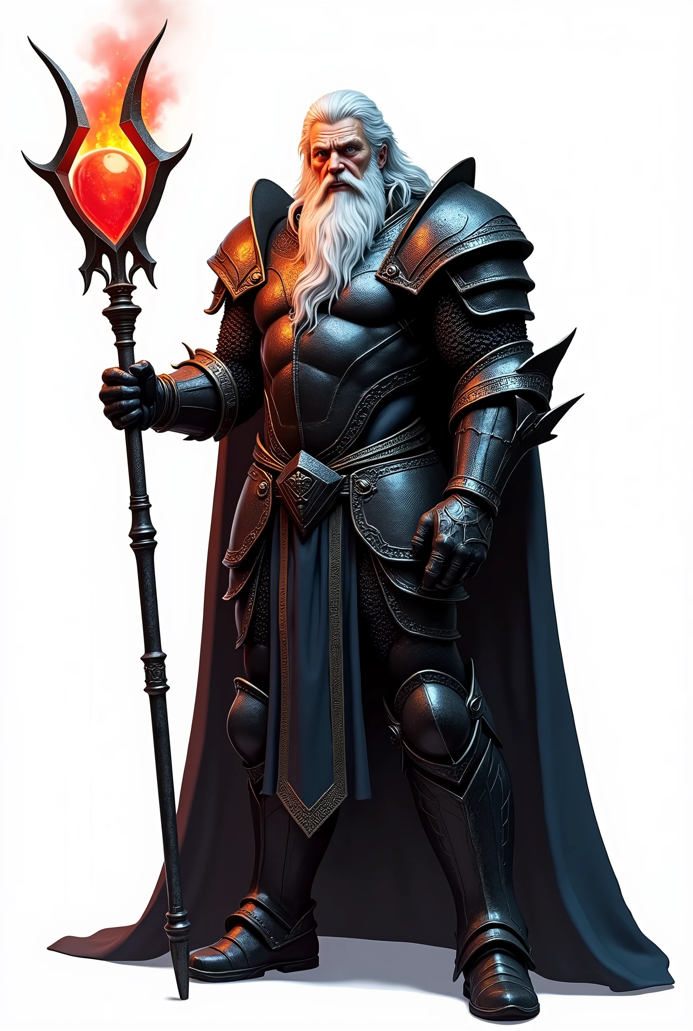 Char set, sprite, knight in black metal armor. blue colored eyes, Caucasian skin, white hair and beard, high qualiy, white background , naughty man, aged 50 ,big fit ass, Front side and back, whole body, staff with red fire gem long metal handle