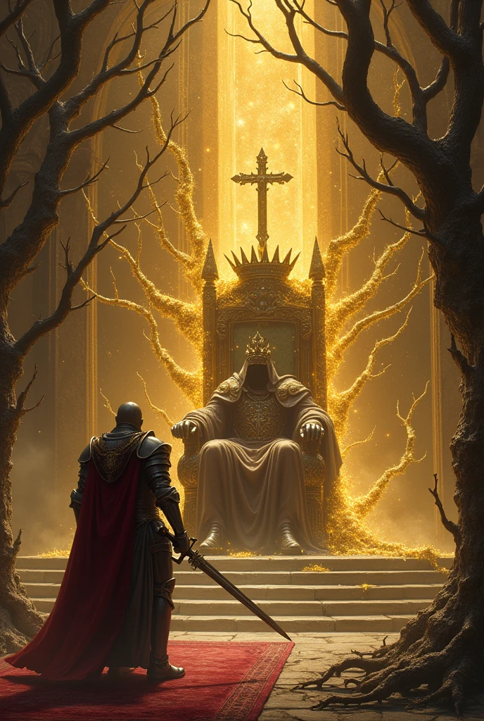 The knight holding a sword walks towards the throne full of thorns,The thorns shine with golden light,On the throne sat a pagan wearing a crown