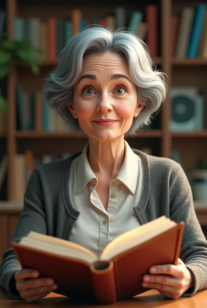 60 year old lady teacher reading a book aloud, frontal perspective