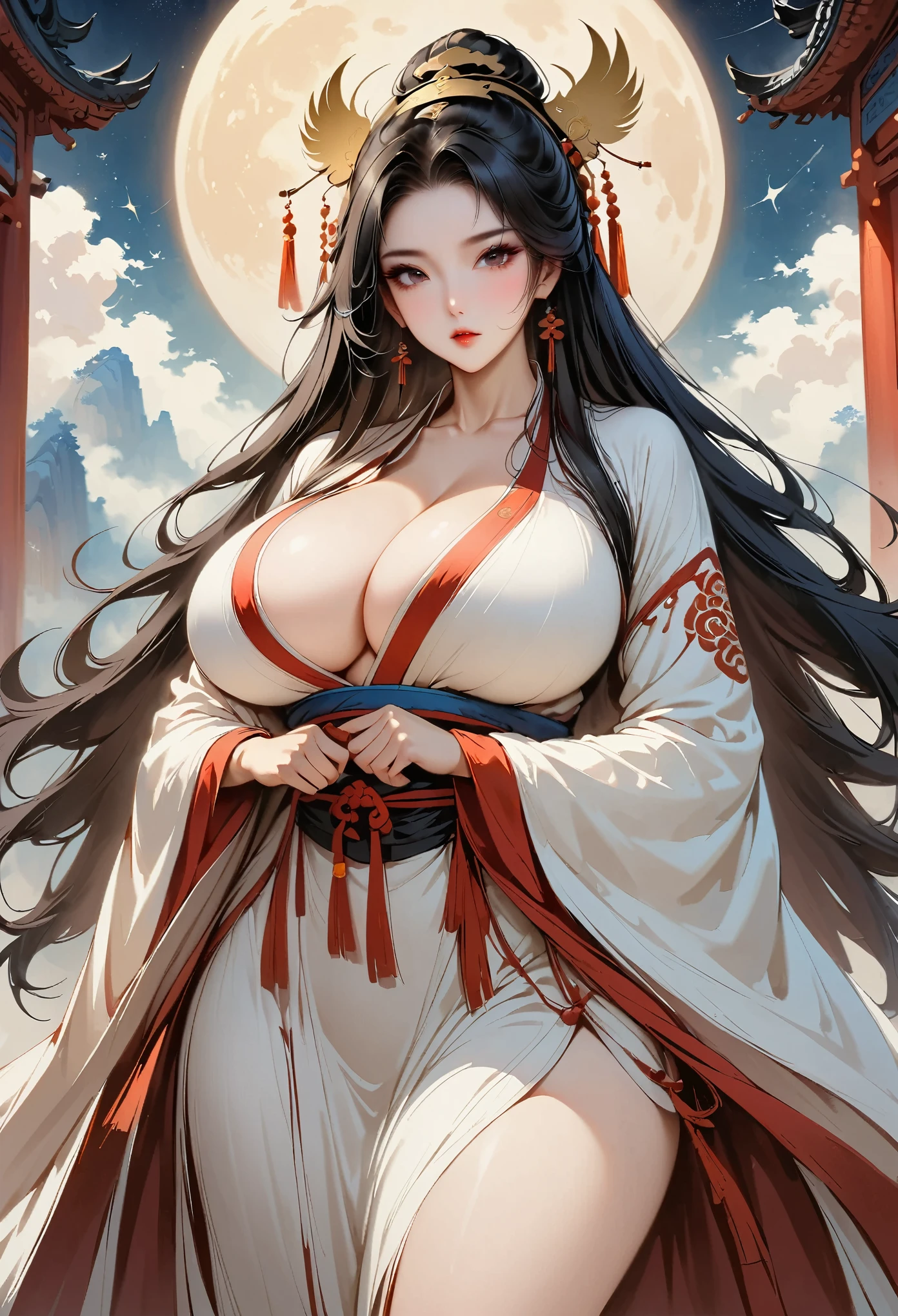 Master works, masterpieces, high quality, extreme detail, classical beauty, ((1 girl,huge oppai,black long hair,cleavage)), standing, (Hands hidden in sleeves), (wearing pure white Taoist robe), ((delicate face)), (best details), ((black eyes)), ((Golden Taoist headdress)), ((long Taoist boots)), sun, moon and stars background, ambitious