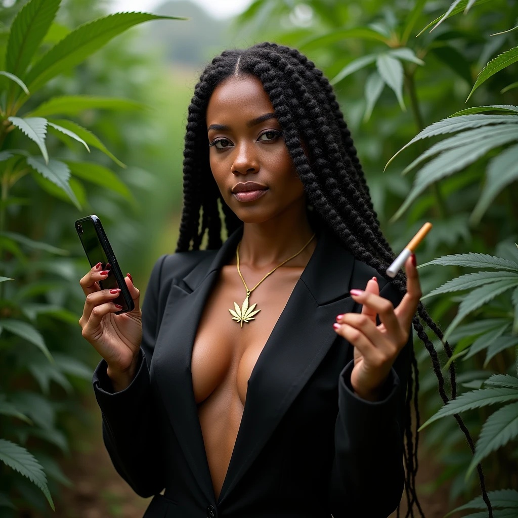 A Brazilian woman in a marijuana plantation , exuberante, wearing a black suit outfit with a close up capturing the beauty ,in clothes without a neckline , harmonious between the face and breasts and natural flowers, showing off your natural charm and outgoing personality, holding cell phone, holding a joint ,with a gold necklace with a marijuana leaf pendant,with dred's hair, white skin color,with big breast