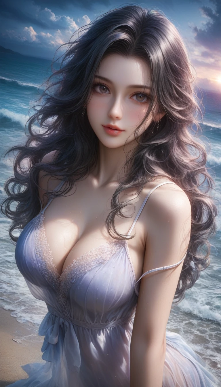 score_9, score_8_superior, score_7_superior, A masterpiece in 32K resolution,Highest quality,Very detailed,Ultra-realistic,Realistic,Increased depth of field,Cinematic lighting,
Elegant mature Japanese woman,
Glossy black hair,Wavy long hair,Showing his forehead,Ultra-detailed and beautiful face,Sensual look,Beautiful dark brown, moist eyes,Pitch black eyes,Glowing, moisturized skin,Translucent white skin,born々New skin texture,Beautiful cleavage,Great proportions,
beach summer dress,
Bold design,spaghetti straps,No sleeve,High Slit,born地の詳細な質感,
Dark cloudy sky at night,Dark clouds filling the sky,Thundercloud,Coastline at night,Golden reflections on the sea surface,delay々A desolate sandy beach that continues,
Close-up of face,Cinematic,High angle,