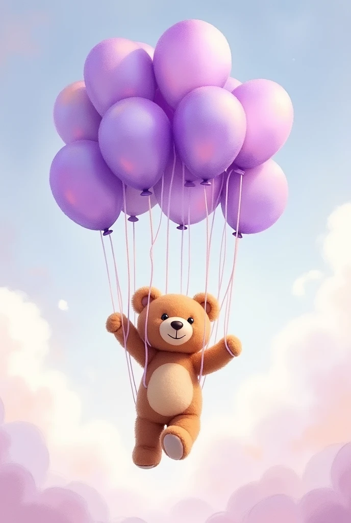 Very cute watercolor teddy bear being carried to the sky by several purple balloons