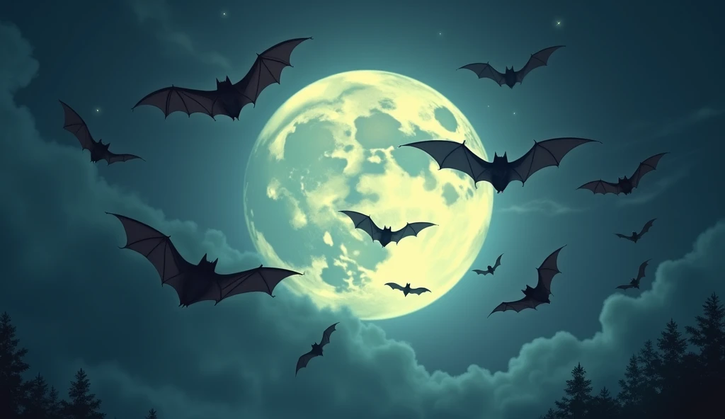 Bats flying around a full moon