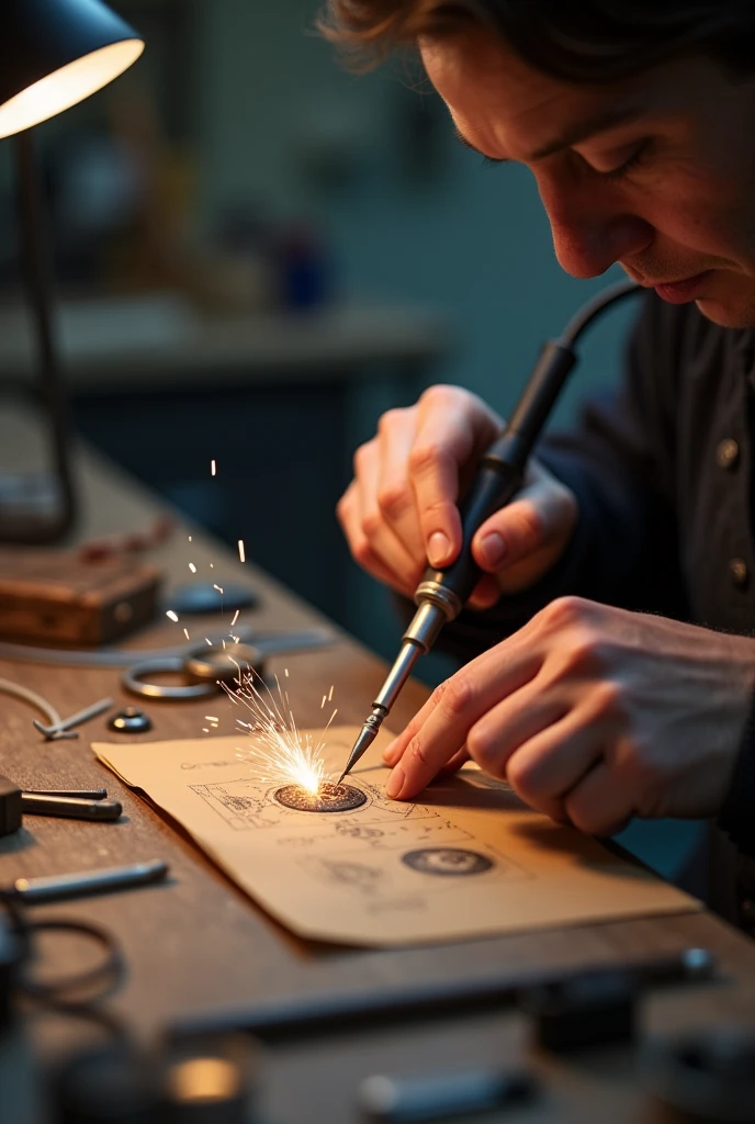 Soldering a ring with a soldering iron on a workbench