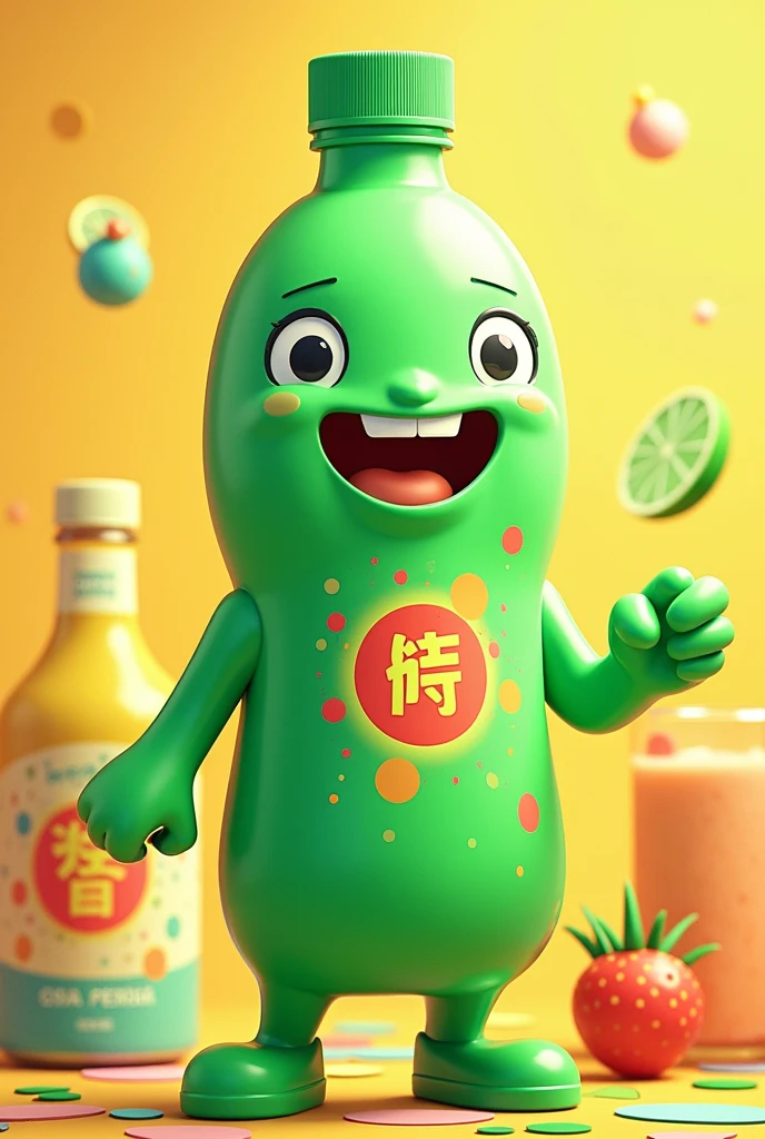 green pet bottle with human features, dollynho soda mascot