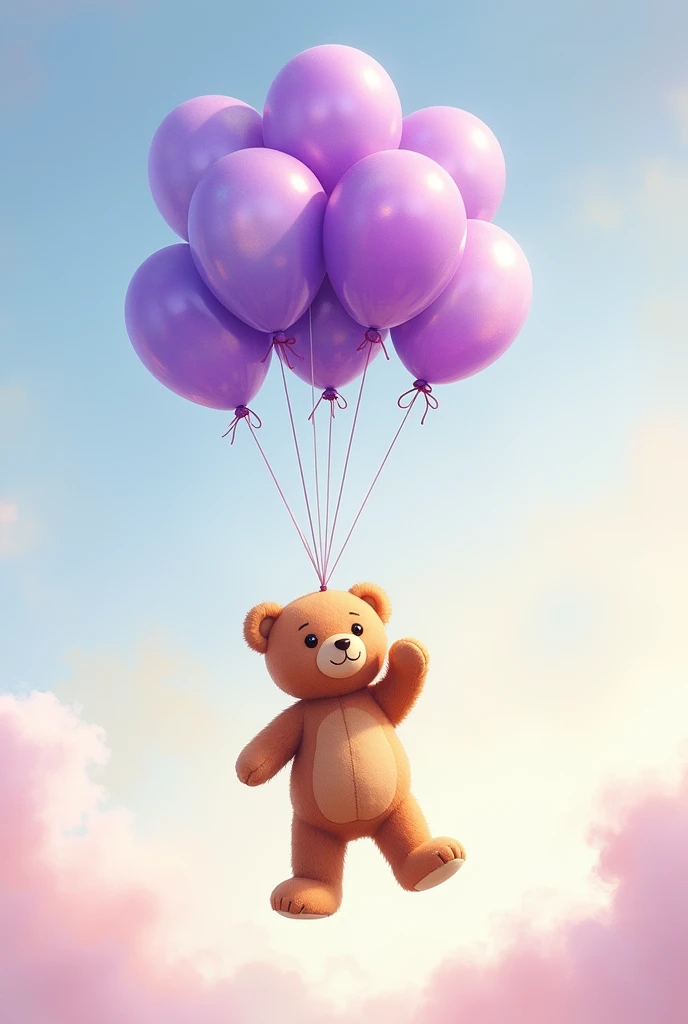 Very cute watercolor teddy bear being carried to the sky by several purple balloons