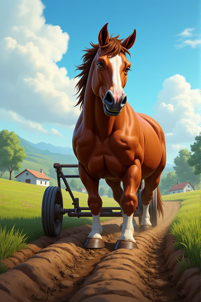scene: Boxer the horse working hard in the field, with sweat on his forehead.