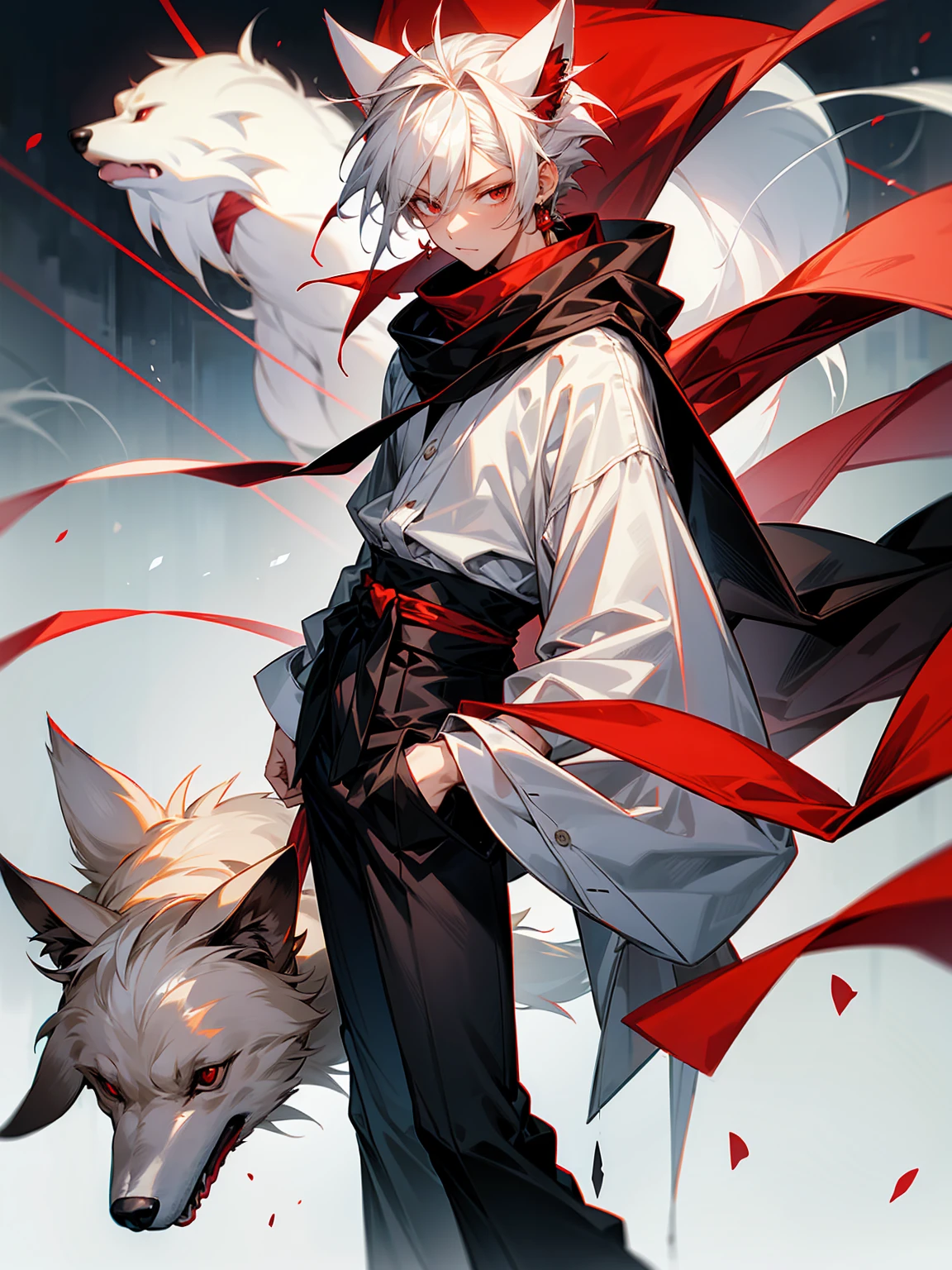 1male, Adult, Long White Hair, White Baggy Long Sleeve Shirt, Baggy Black Pants, Red Eyes, Red Scarf, Earring, Masculine, Spikey Hair, Black Sash Around Waist, Dog Ears