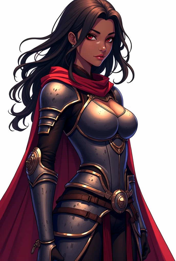 d&d, black female, loose and wavy hair, heavy medieval armor covering the entire body, elsword, Two-tone lighting, hight contrast, dramatic light and shadow, dramatic features, color palette Vibrantes, white background, traditional comic art, CARTOON ART, menos realista, saturated colors, no details, simple comic art, simple medieval armor, no extravagance, dramatic features, color palette Vibrantes, white background, traditional comic art, CARTOON ART, menos realista, saturated colors, no details, simple comic art