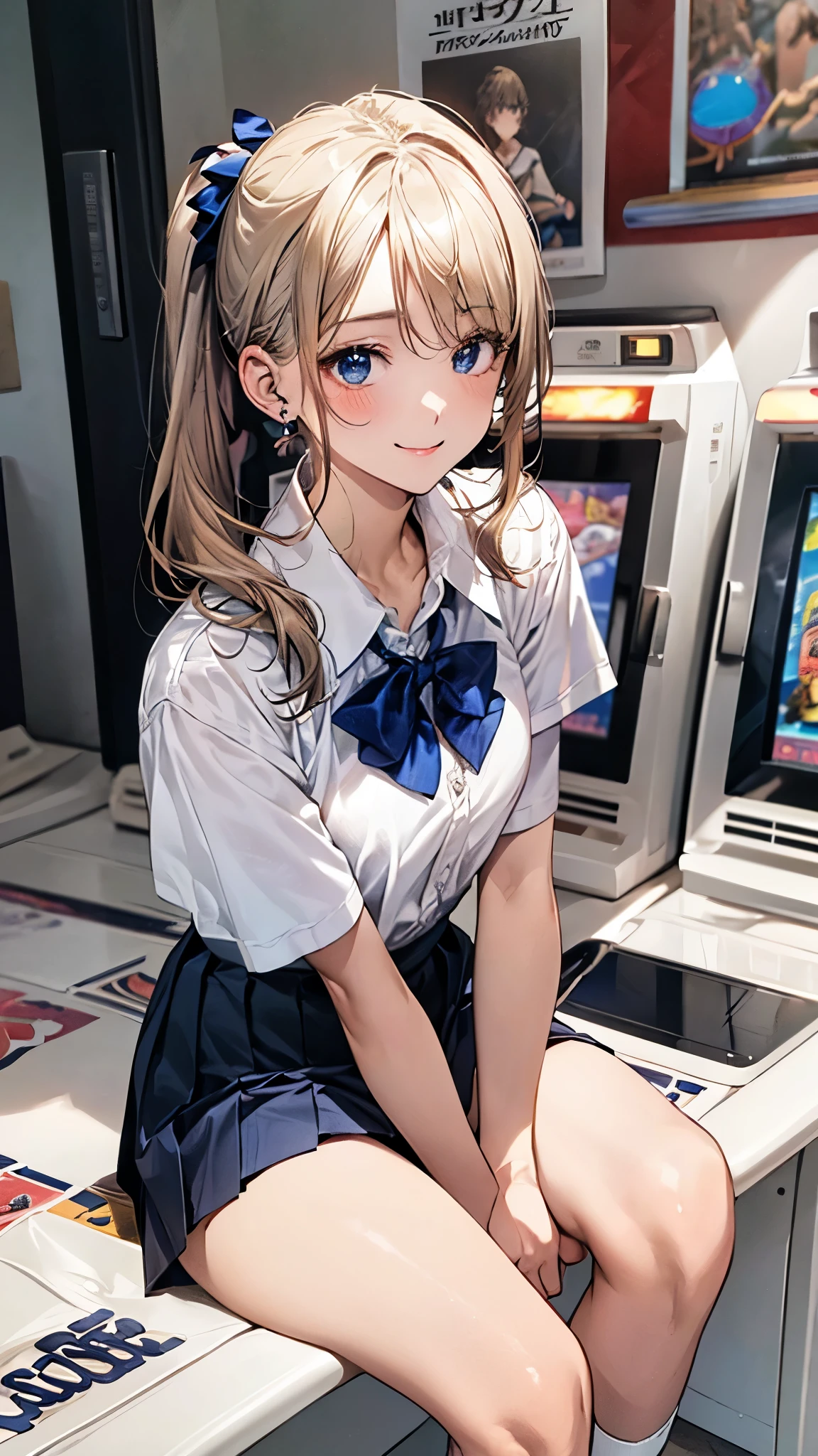 (masterpiece:1.2, highest quality), (realistic photo:1.4), beautiful illustrations, (natural side lighting, movie lighting),
beautiful hair, beautiful face, detailed and beautiful eyes, beautiful clavicle, beautiful body, beautiful breasts, beautiful thighs, beautiful feet, beautiful fingers,
looking at the viewer, 1 girl, high school girl, (perfect anatomy, anatomically correct, super detailed skin), cute symmetrical face, , perfect face, perfect eyes,
(middle hair, side ponytail, light blonde hair), swept bangs, blue eyes, long eye lasher, (medium breasts, seductive thighs), perfect body, shiny skin, slender,
(short sleeve white collared shirt, navy pleated mini skirt, break blue bow tie), break white socks, earrings, break
(beautiful scenery), evening, (game_center, scenery, arcade cabinet, chair, poster (object), indoors), (sitting chair), (pigeon toed), (lovely smile, upper eye),