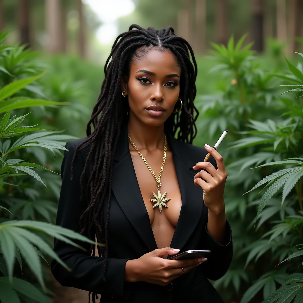 A Brazilian woman in a marijuana plantation , exuberante, wearing a black suit outfit with a close up capturing the beauty ,in clothes without a neckline , harmonious between the face and breasts and natural flowers, showing off your natural charm and outgoing personality, holding cell phone, holding a joint ,with a gold necklace with a marijuana leaf pendant,with dred&#39;s hair, white skin color,with big breast 