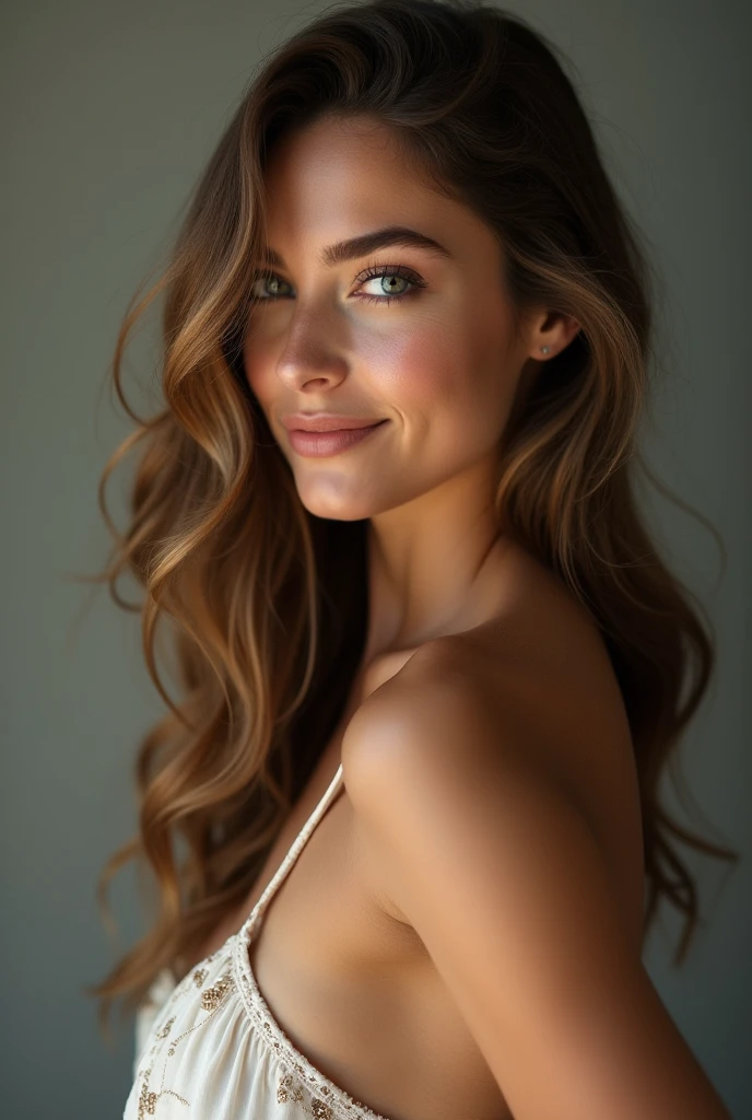 beautiful woman, long wavy hair, detailed complexion, beautiful detailed eyes, beautiful shaped lips, perfectly shaped facial features, no makeup, nude, high resolution skin, subtle lighting, realistic natural body, perfect physique, classy artistic nude, sensual pose, comfortable being herself, confident, relaxed expression, photo studio backdrop, fine art nude photography, soft skin, relaxed muscles, fine texture