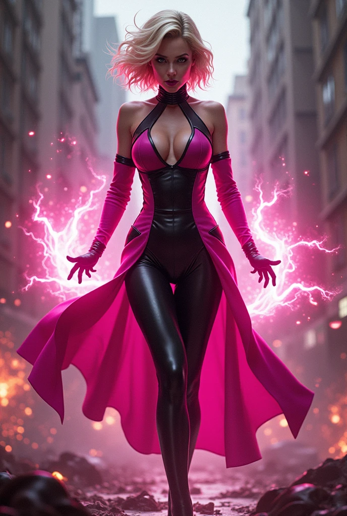 Seductive and Beautiful young woman with a soul of pure evil and hatred. Alluring shorthaired blonde supervillainess with energy blast powers.  Attacking a city snd killing random people.  A sinister smirk crosses her glossy lips.  Skintight pink and black costume accentuate her curves.