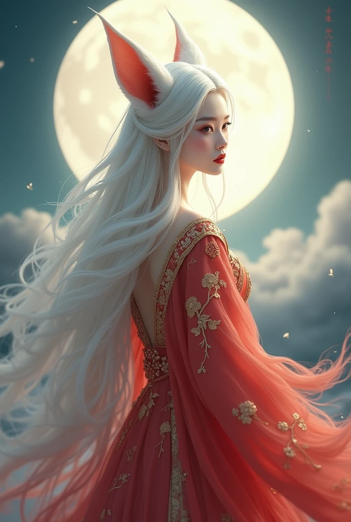 Woman, white hair, red lips , gorgeous, Chinese ancient full length red and gold garment, fox ears, moonlight, Chinese 2d animation,ultra high resolution, 8k,