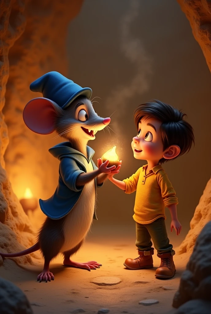 Show Remy, the mouse with the blue hat, holding the magical nut proudly, while Léo ((the boy)), in his yellow shirt, looks on with excitement. The cave interior is warm and glowing, highlighting the preciousness of the nut and the joy of the moment