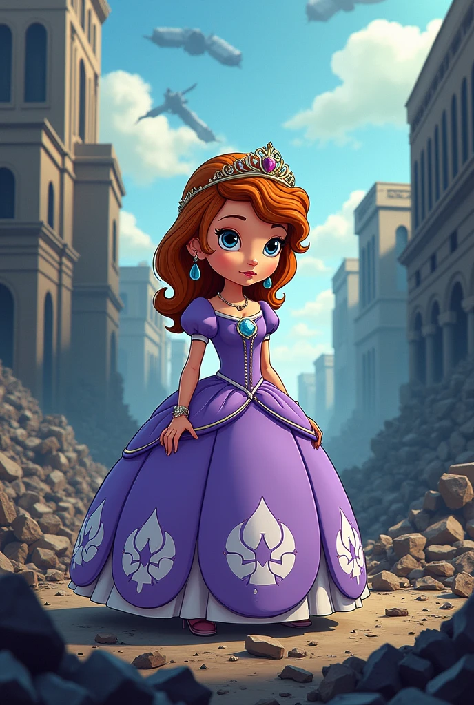 Create Princess Sofia in an apocalyptic scenario in a cartoonish way