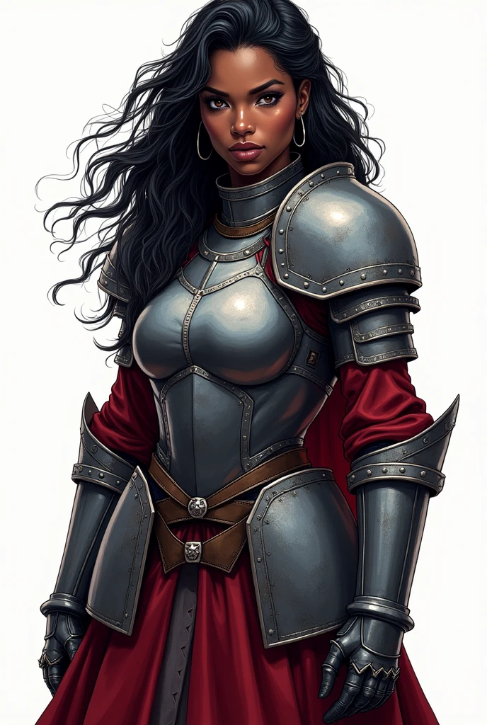 d&d, black female, loose and wavy hair, heavy medieval armor covering the entire body, elsword, Two-tone lighting, hight contrast, dramatic light and shadow, dramatic features, color palette Vibrantes, white background, traditional comic art, CARTOON ART, menos realista, saturated colors, no details, simple comic art, simple medieval armor, no extravagance, dramatic features, color palette Vibrantes, white background, traditional comic art, CARTOON ART, menos realista, saturated colors, no details, simple comic art, most realistic